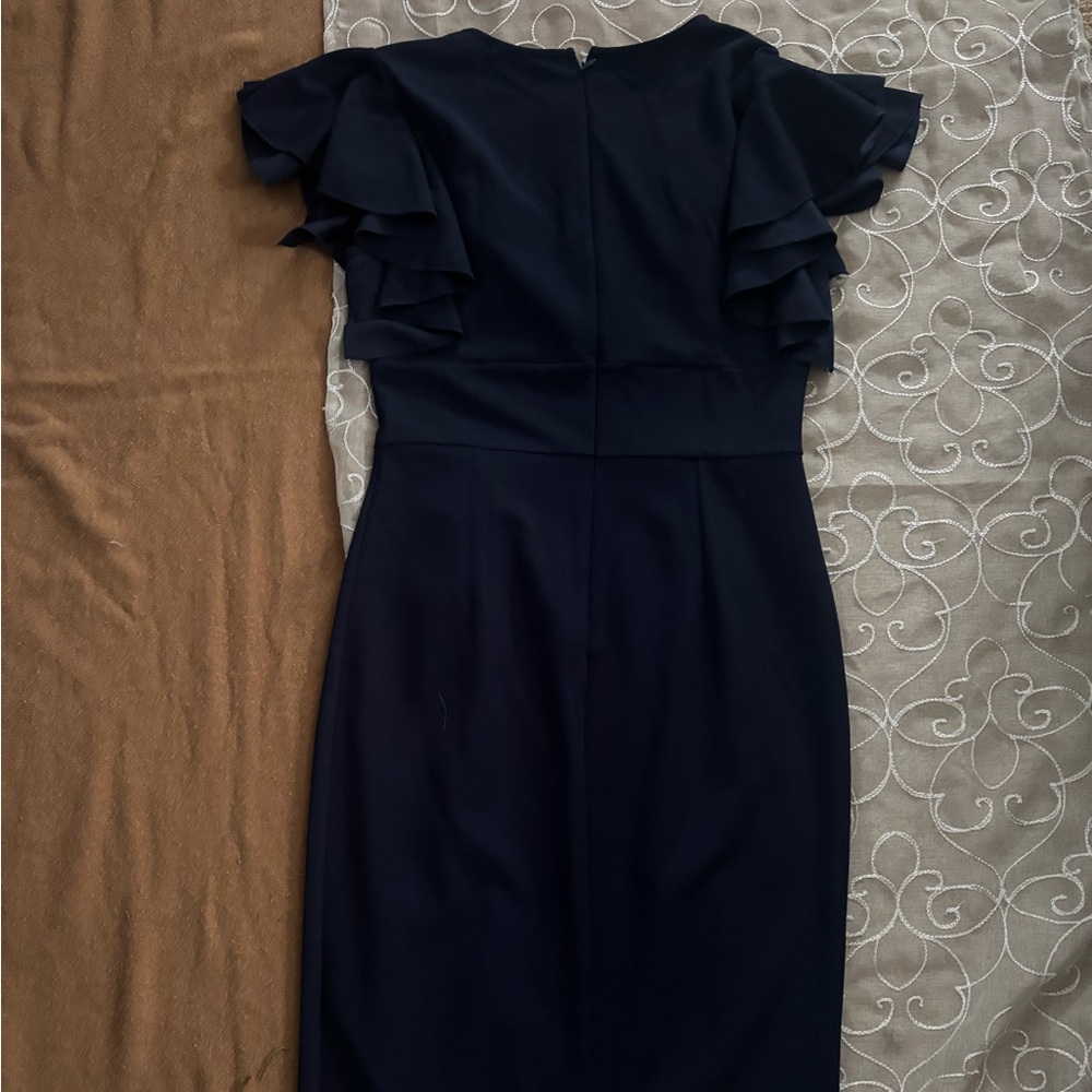 Elegant Navy Midi Dress with Ruffled Sleeves